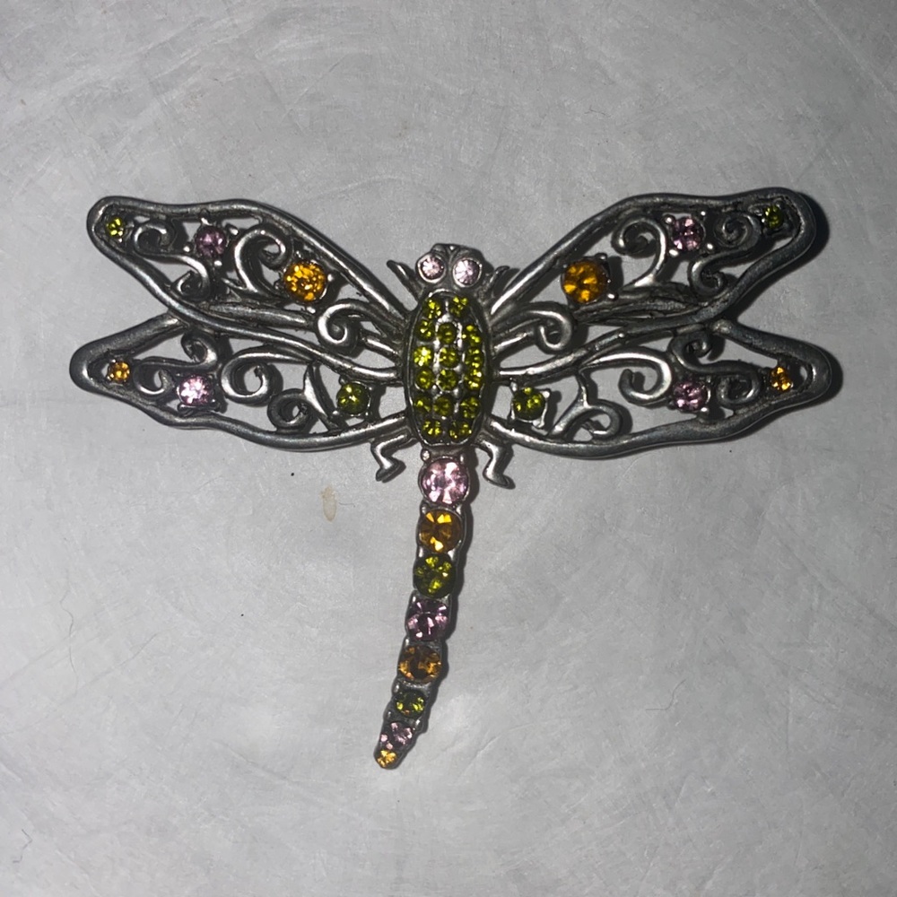 CHARTER CLUB Dragonfly Silvertone Gold Green Rhinestone Brooch Pin $15